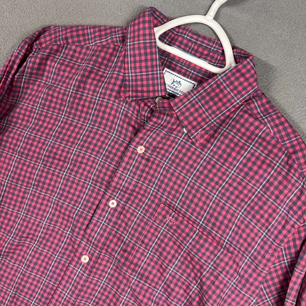 Southern Tide Shirt Mens Large Red Blue Gingham Classic Fit Stretch Button Down